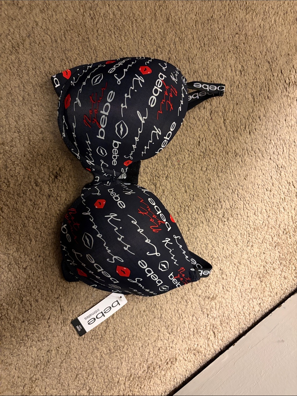 bebe Black Logo Script Push-Up Bra with Red Lip Accents